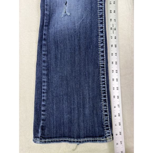 Silver Jeans Womens 28 Blue Dark Wash Low Rise Lola Flare Distressed Stretch - Picture 5 of 11